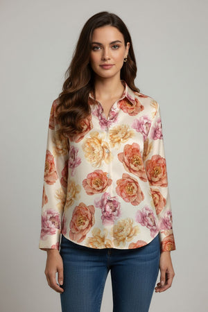 Cream Floral Printed Satin Shirt (ACA8827)
