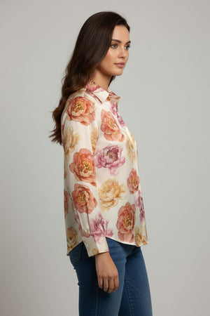 Cream Floral Printed Satin Shirt (ACA8827)