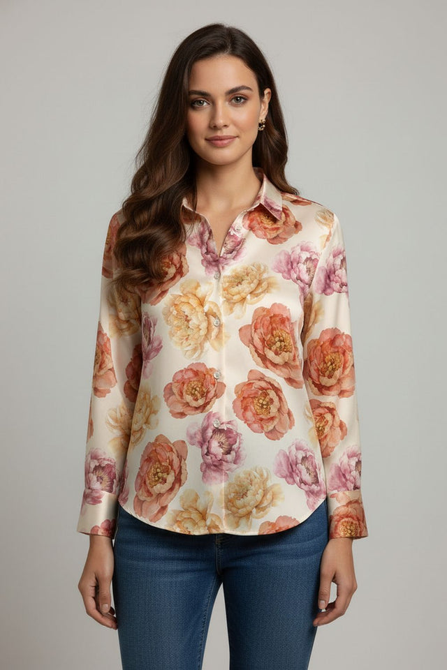 Cream Floral Printed Satin Shirt (ACA8827)