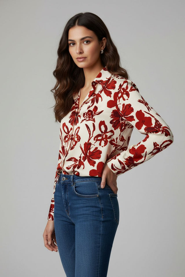 Rust Floral Printed Satin Shirt (ACA8828)