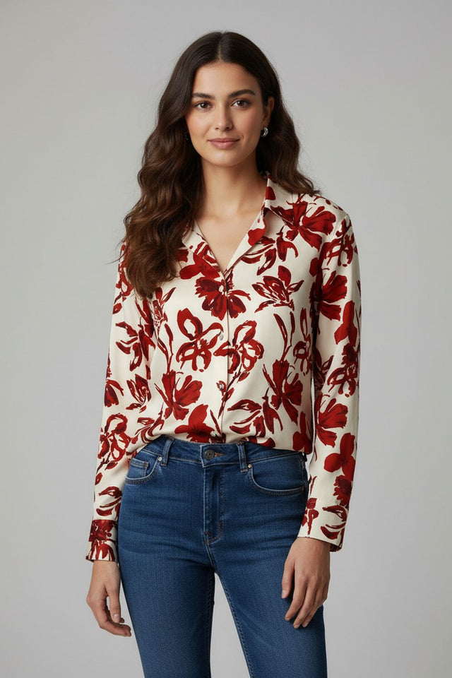 Rust Floral Printed Satin Shirt (ACA8828)