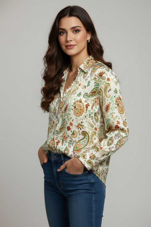 Green Printed Satin Shirt (ACA8829)