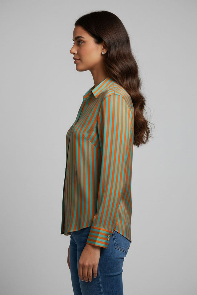 Green Striped Printed Satin Shirt (ACA8830)