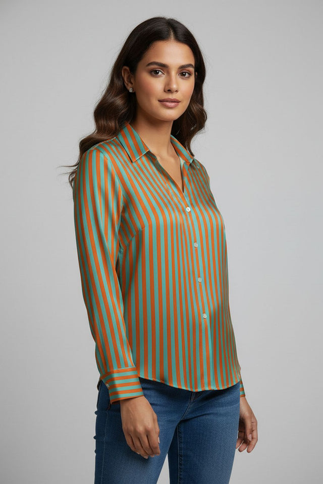 Green Striped Printed Satin Shirt (ACA8830)