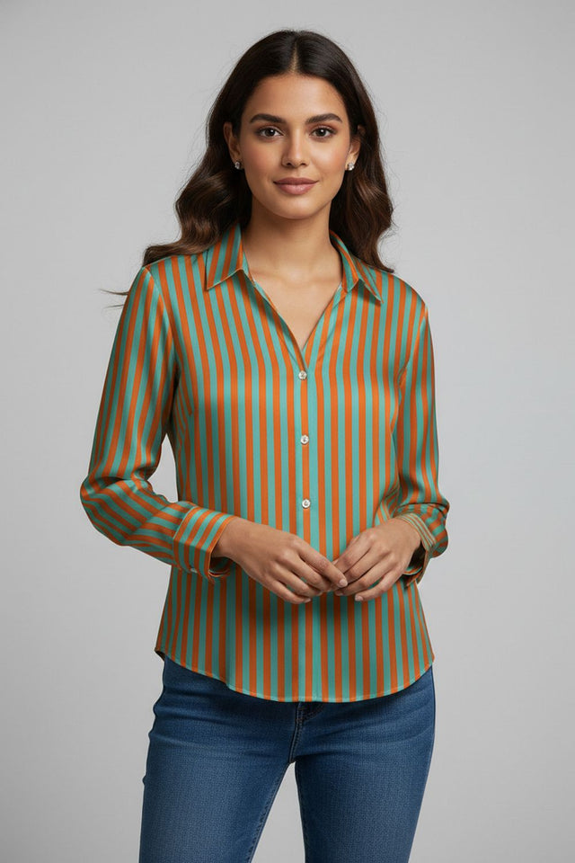 Green Striped Printed Satin Shirt (ACA8830)