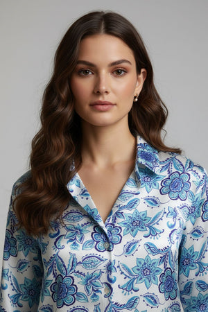 Blue Floral Printed Satin Shirt (ACA8831)