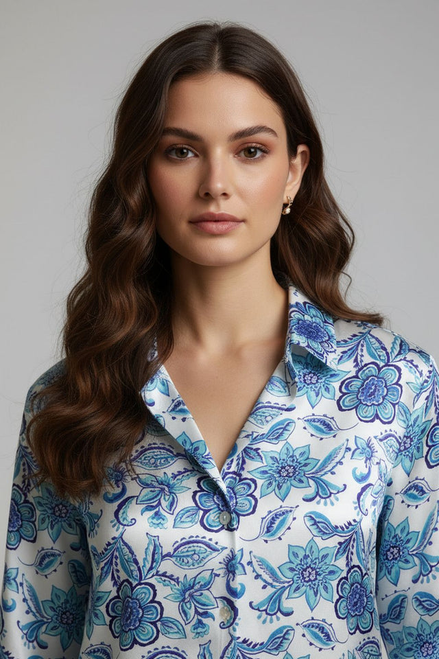 Blue Floral Printed Satin Shirt (ACA8831)