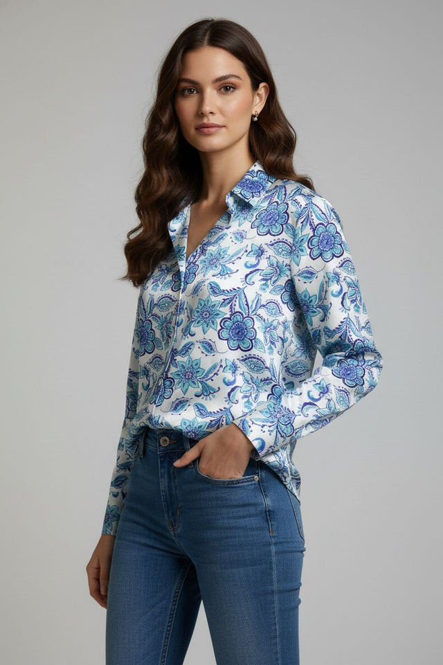 Blue Floral Printed Satin Shirt (ACA8831)