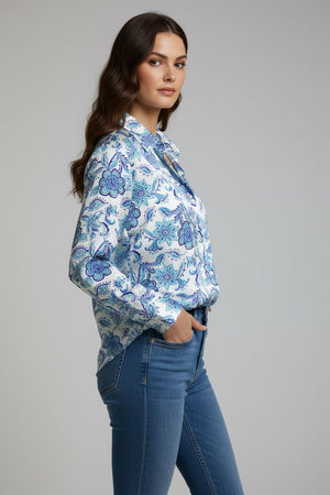 Blue Floral Printed Satin Shirt (ACA8831)
