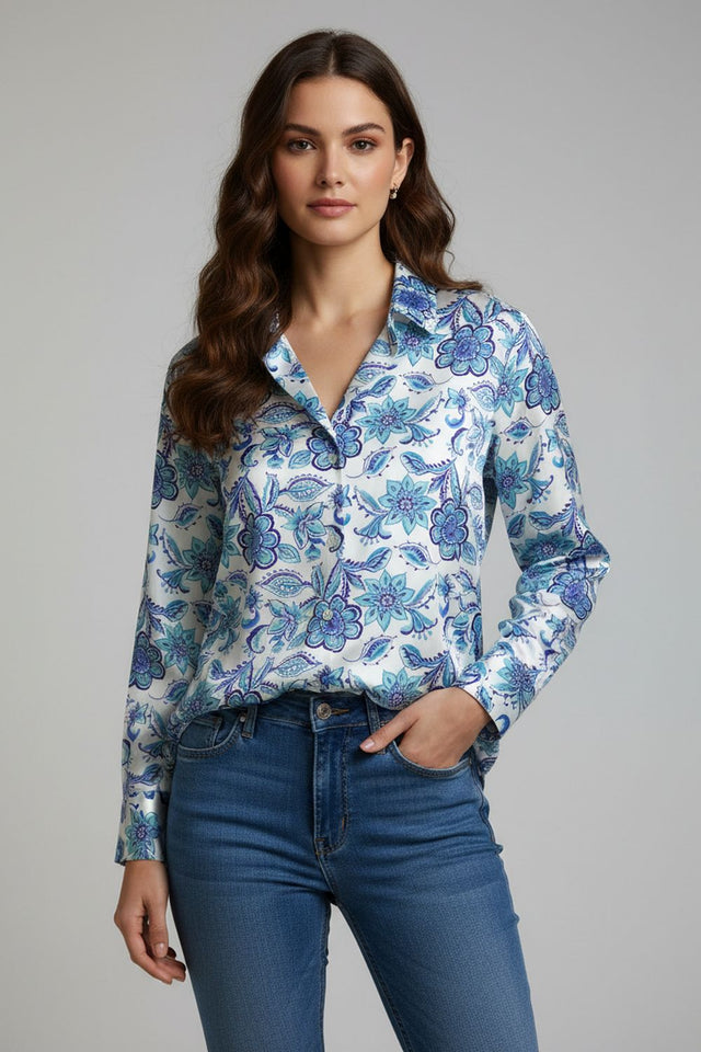 Blue Floral Printed Satin Shirt (ACA8831)