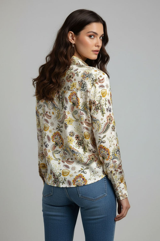Cream Floral Printed Satin Shirt (ACA8832)