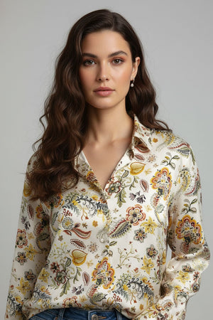 Cream Floral Printed Satin Shirt (ACA8832)