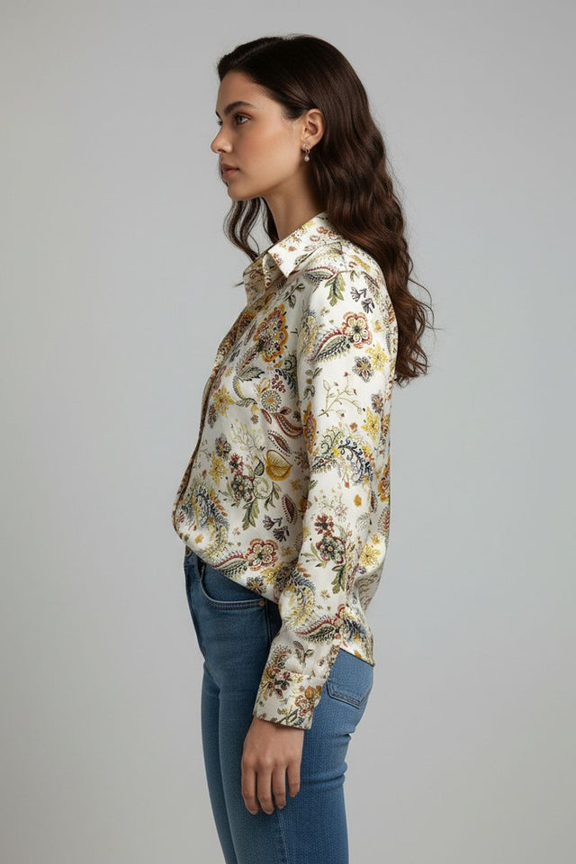 Cream Floral Printed Satin Shirt (ACA8832)