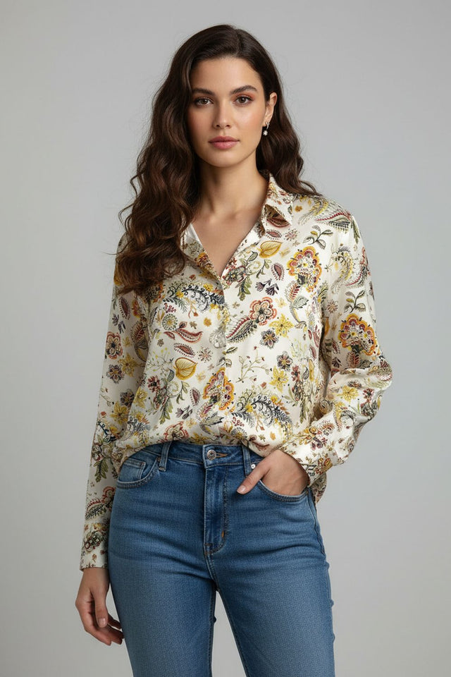 Cream Floral Printed Satin Shirt (ACA8832)