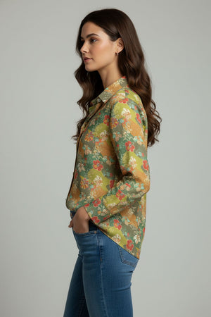 Green Floral Printed Satin Shirt (ACA8833)