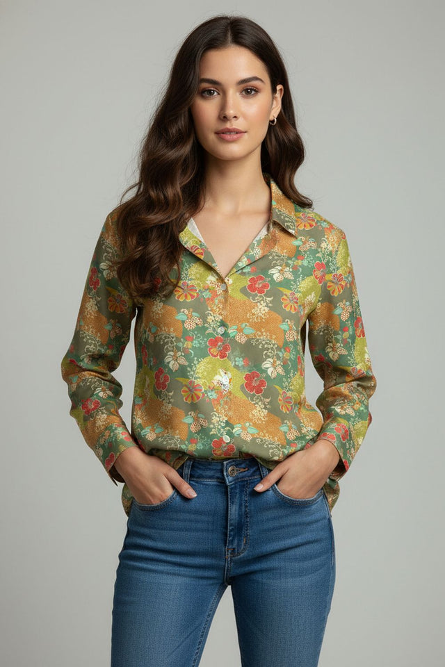 Green Floral Printed Satin Shirt (ACA8833)