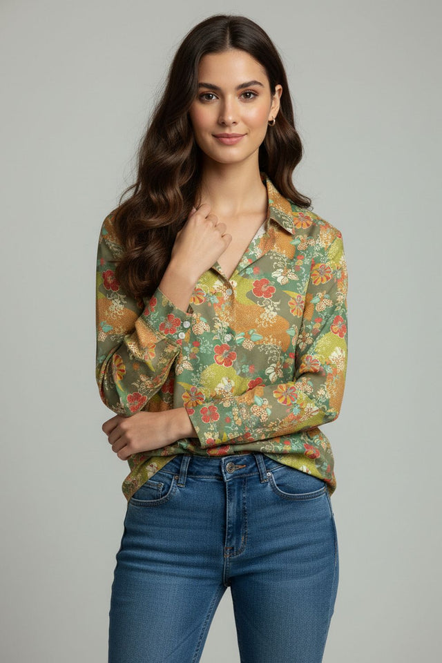 Green Floral Printed Satin Shirt (ACA8833)