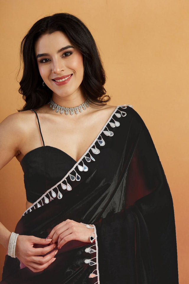 Black Mirror with Lace Border Organza Ready to Wear Saree (ACA8835)