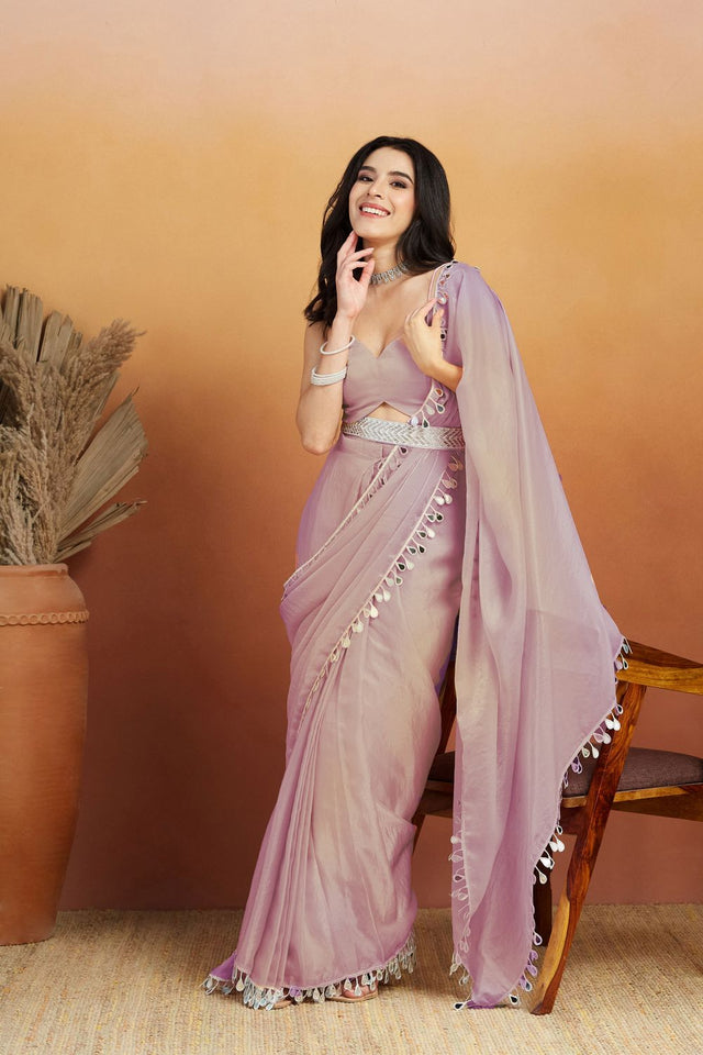 Lavender Mirror with Lace Border Organza Ready to Wear Saree (ACA8836)