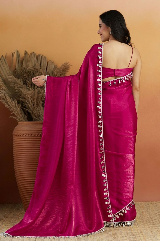 Magenta Mirror with Lace Border Organza Ready to Wear Saree (ACA8837)