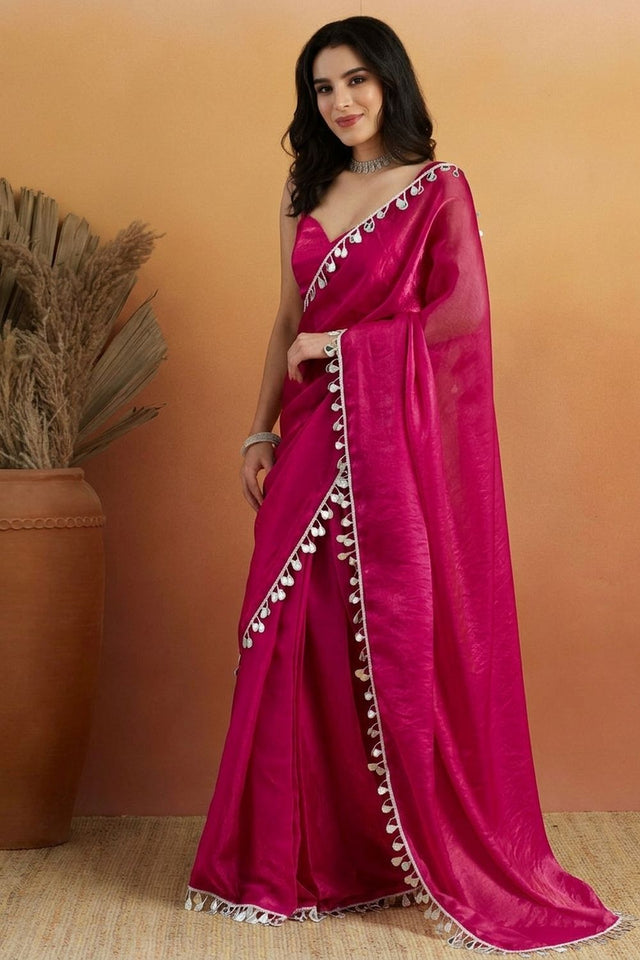 Magenta Mirror with Lace Border Organza Ready to Wear Saree (ACA8837)
