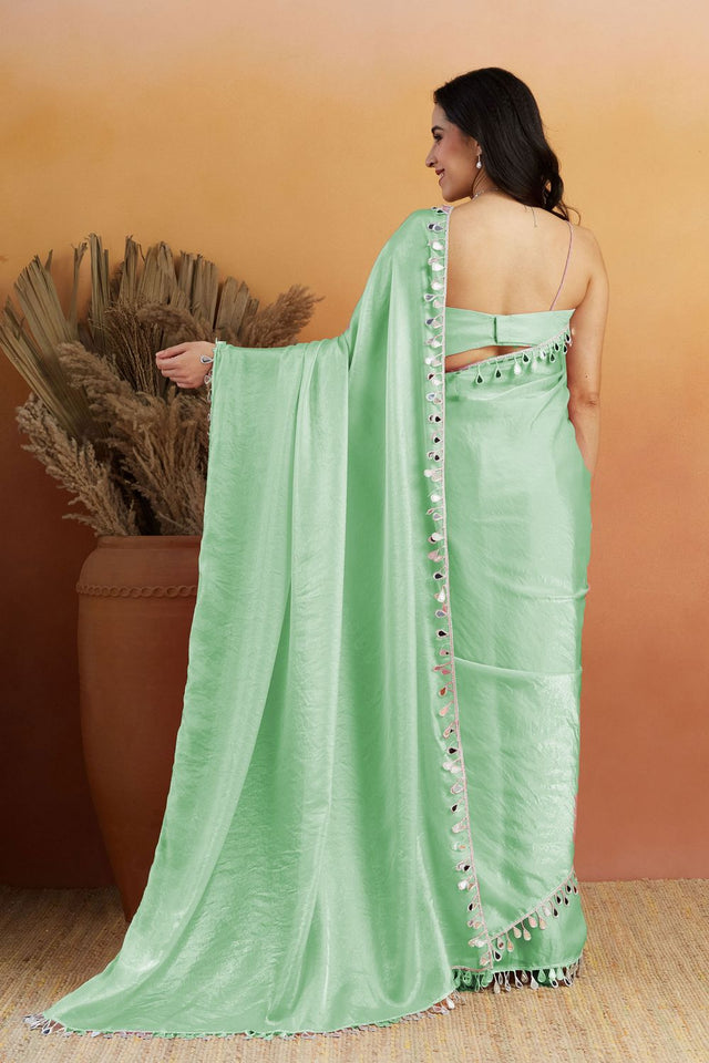 Sea Green Mirror with Lace Border Organza Ready to Wear Saree (ACA8838)