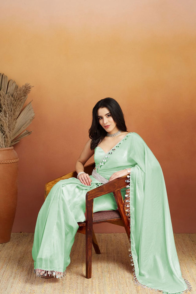 Sea Green Mirror with Lace Border Organza Ready to Wear Saree (ACA8838)