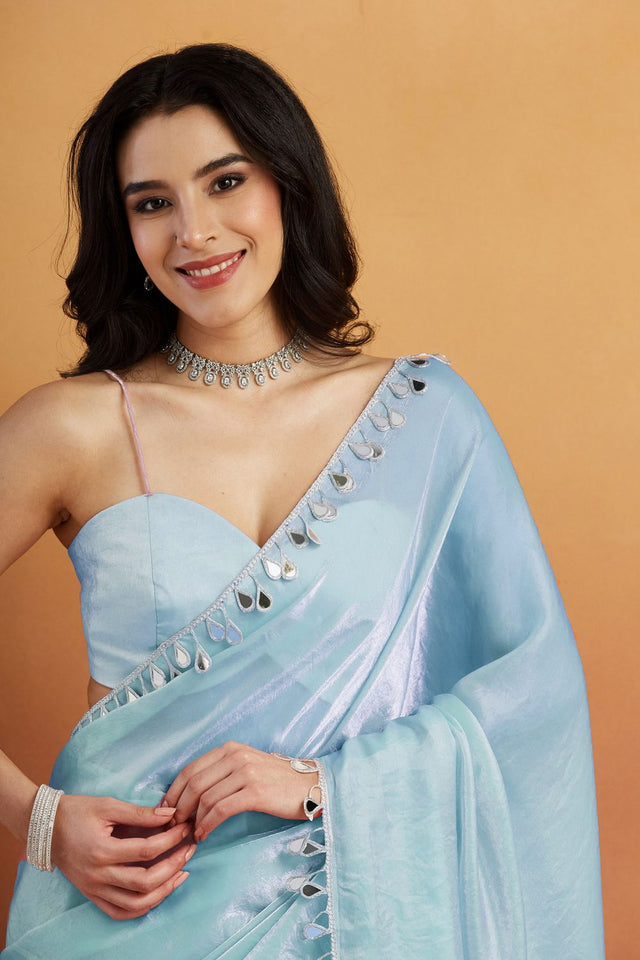 Blue Mirror with Lace Border Organza Ready to Wear Saree (ACA8839)