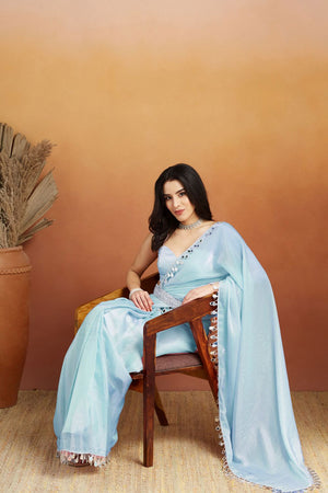 Blue Mirror with Lace Border Organza Ready to Wear Saree (ACA8839)