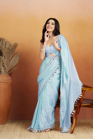 Blue Mirror with Lace Border Organza Ready to Wear Saree (ACA8839)