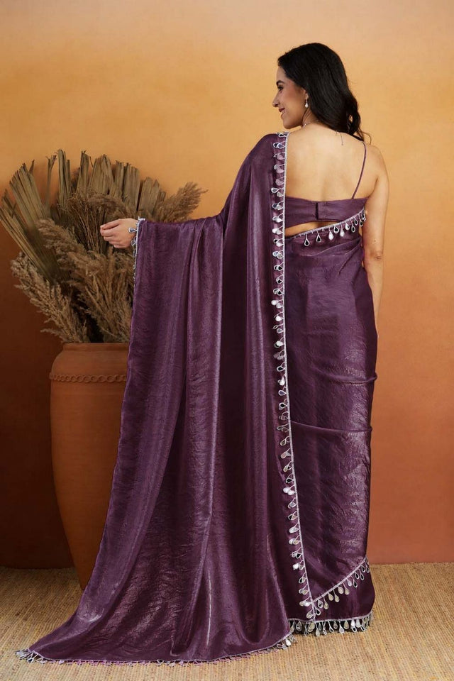 Violet Mirror with Lace Border Organza Ready to Wear Saree (ACA8840)