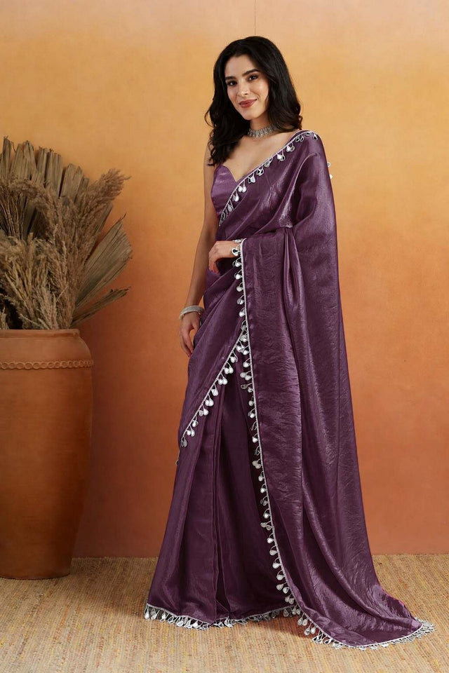 Violet Mirror with Lace Border Organza Ready to Wear Saree (ACA8840)