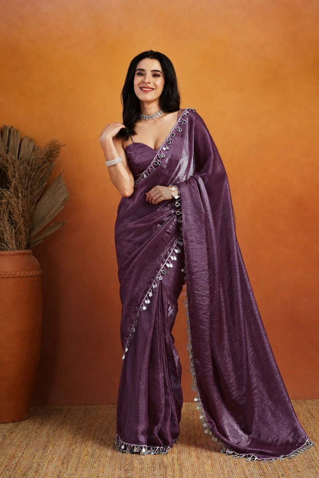 Violet Mirror with Lace Border Organza Ready to Wear Saree (ACA8840)