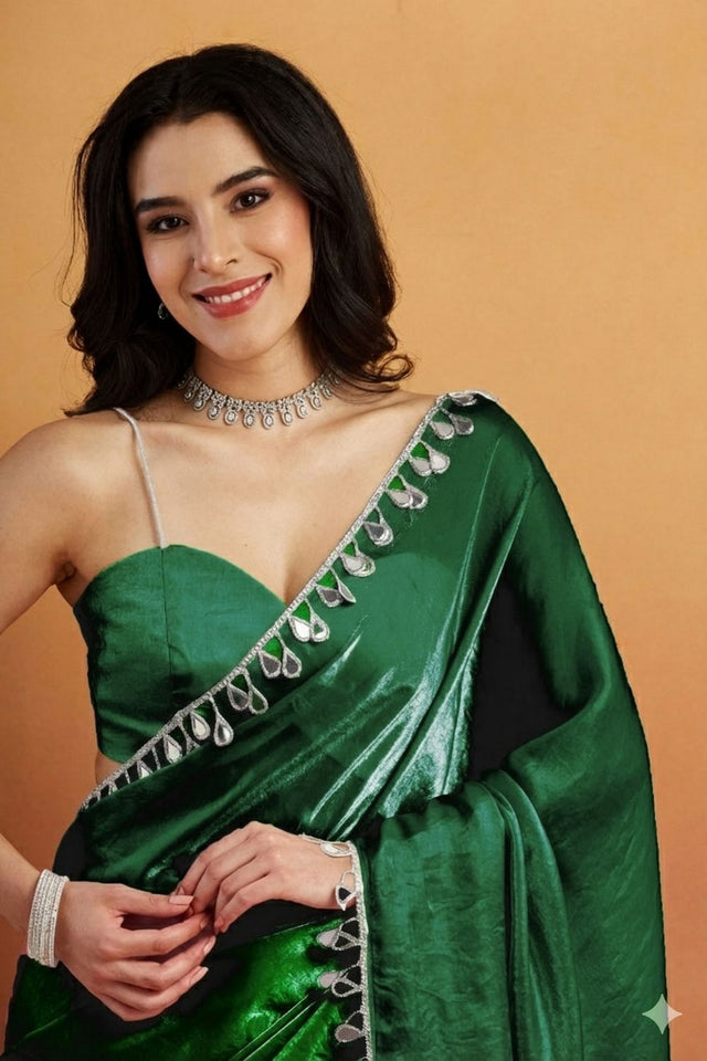 Green Mirror with Lace Border Organza Ready to Wear Saree (ACA8841)