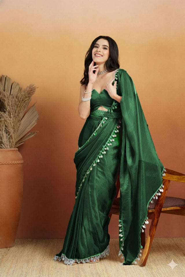 Green Mirror with Lace Border Organza Ready to Wear Saree (ACA8841)