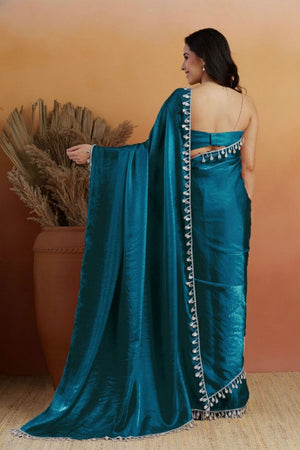 Turquoise Mirror with Lace Border Organza Ready to Wear Saree (ACA8842)