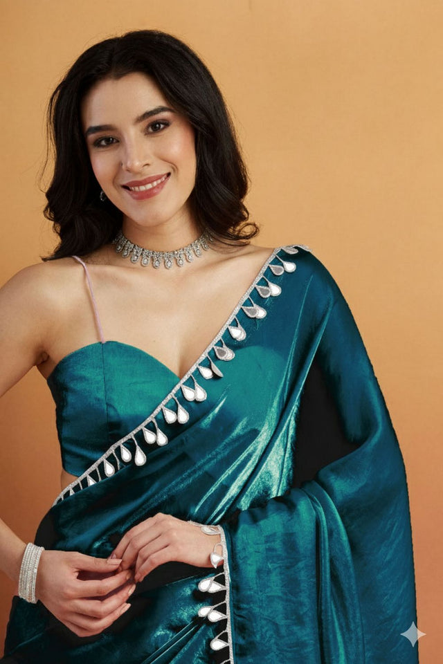 Turquoise Mirror with Lace Border Organza Ready to Wear Saree (ACA8842)