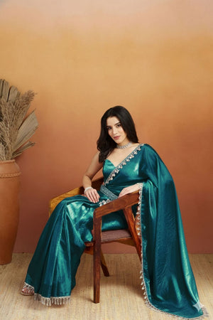 Turquoise Mirror with Lace Border Organza Ready to Wear Saree (ACA8842)
