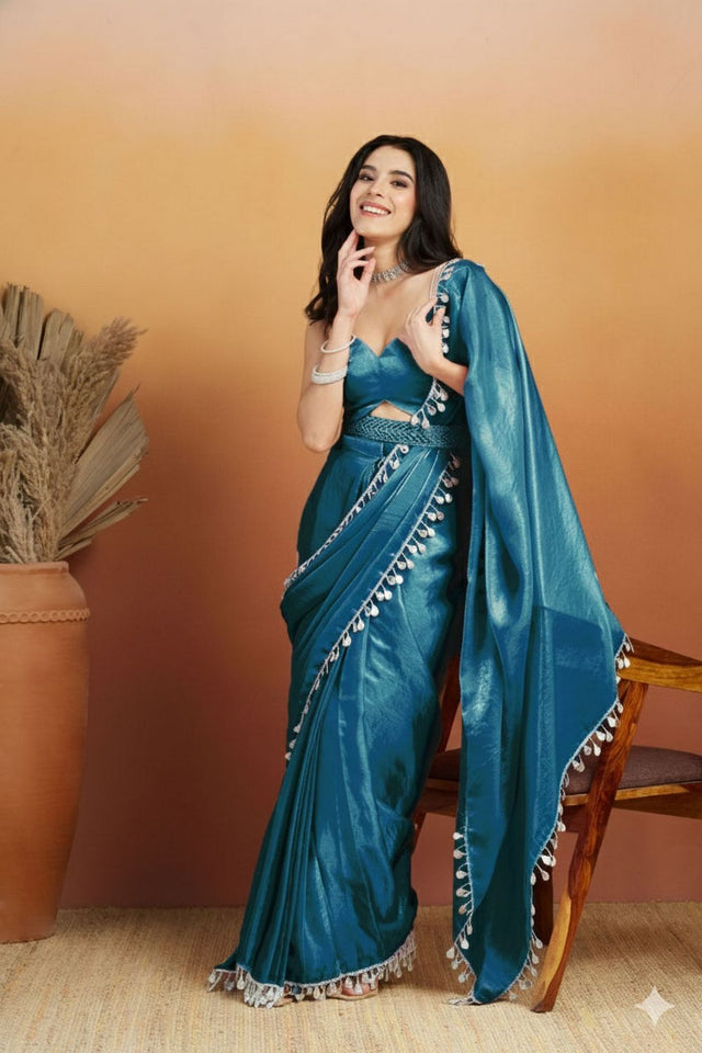 Turquoise Mirror with Lace Border Organza Ready to Wear Saree (ACA8842)