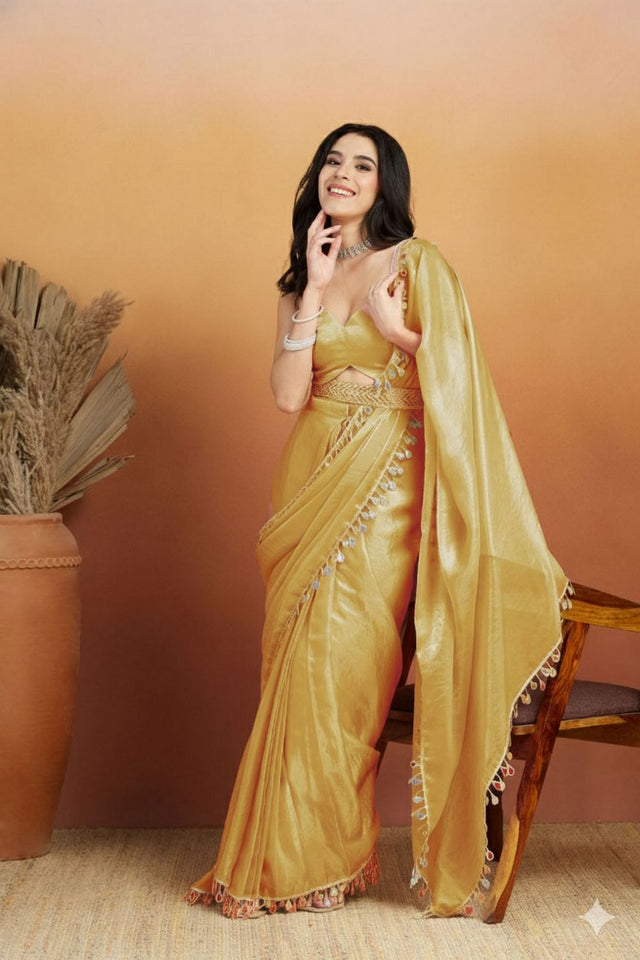 Yellow Mirror with Lace Border Organza Ready to Wear Saree (ACA8843)