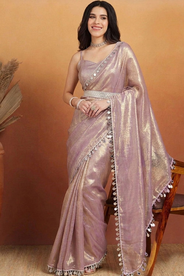 Purple Mirror with Lace Border Organza Ready to Wear Saree (ACA8844)