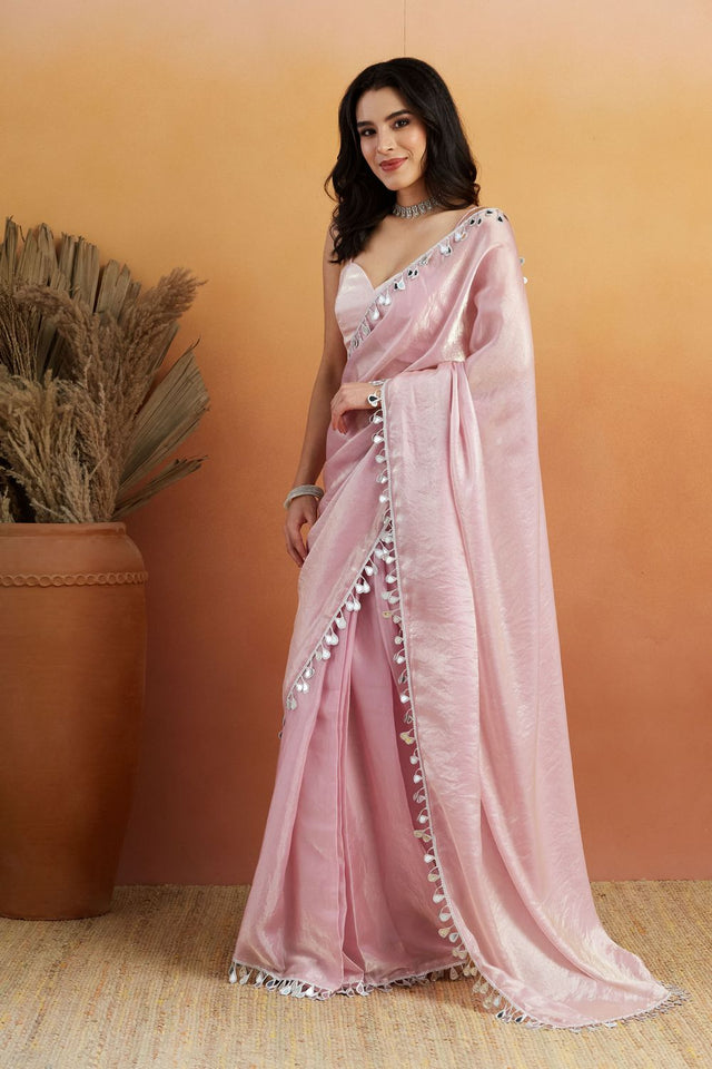 Pink Mirror with Lace Border Organza Ready to Wear Saree (ACA8845)