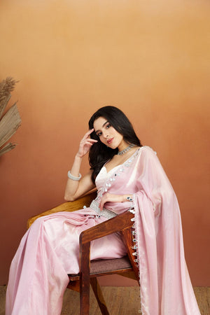 Pink Mirror with Lace Border Organza Ready to Wear Saree (ACA8845)