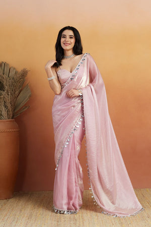 Pink Mirror with Lace Border Organza Ready to Wear Saree (ACA8845)