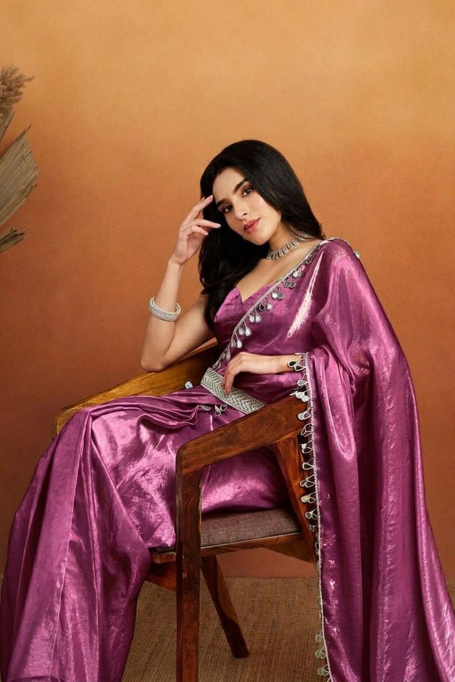Purple Mirror with Lace Border Organza Ready to Wear Saree (ACA8846)