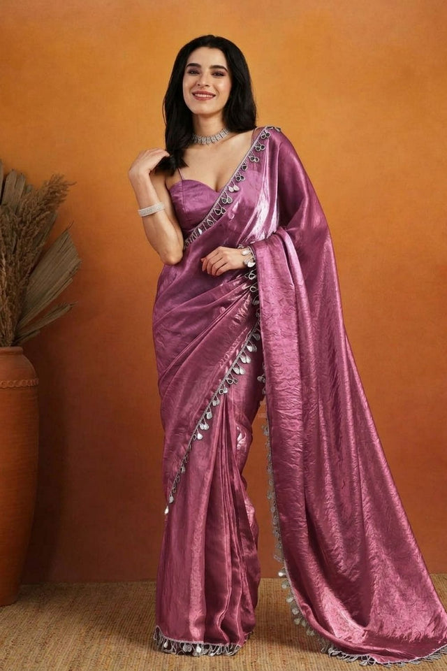Purple Mirror with Lace Border Organza Ready to Wear Saree (ACA8846)