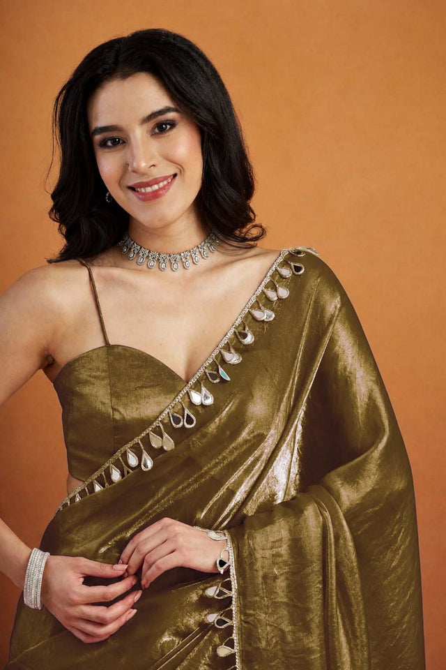 Mehendi Mirror with Lace Border Organza Ready to Wear Saree (ACA8847)