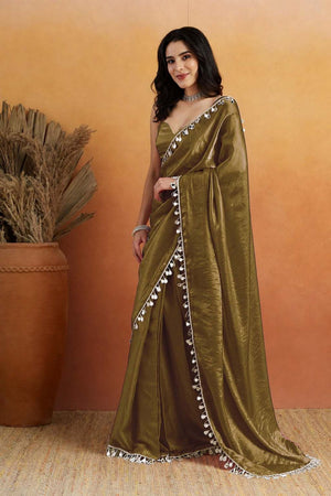 Mehendi Mirror with Lace Border Organza Ready to Wear Saree (ACA8847)