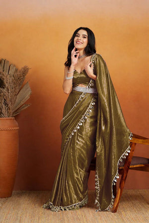 Mehendi Mirror with Lace Border Organza Ready to Wear Saree (ACA8847)