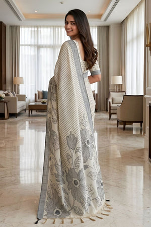 Black Floral Printed Linen Saree (ACA8848)